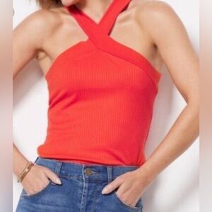 Evereve NWT’s Hayden Criss Cross Ribbed Halter Top Cherry Tomato Large